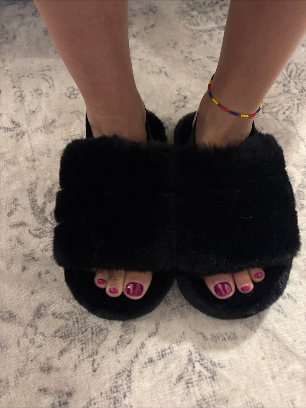 Black Plush Faux-Fur Slide Slippers for Women